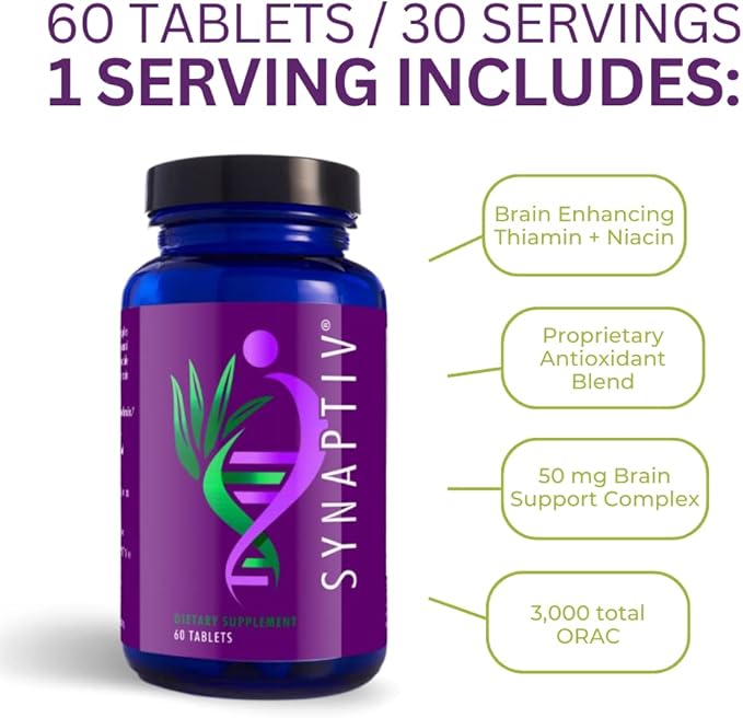 Youngevity Synaptiv™ Brain Support - 12 in1 - Ginkgo Huperzine Bacopa Quercetin and More - with Potent Antioxidant Blend + Vitamins - 60 Count (Pack of 2)