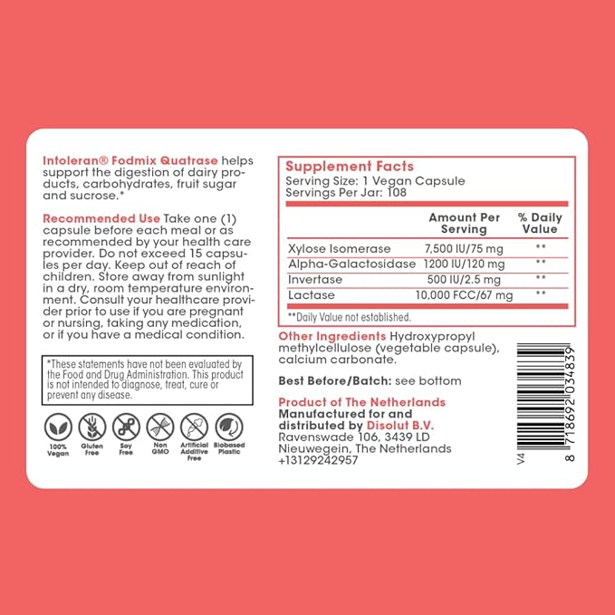 Intoleran Fodmix (Quatrase) Digestive Enzymes - 108 Capsules | Highly Dosed Supplement for FODMAP Intolerance | Helps Digest Lactose and Complex Carbohydrates | Pure &amp Vegan | Low FODMAP