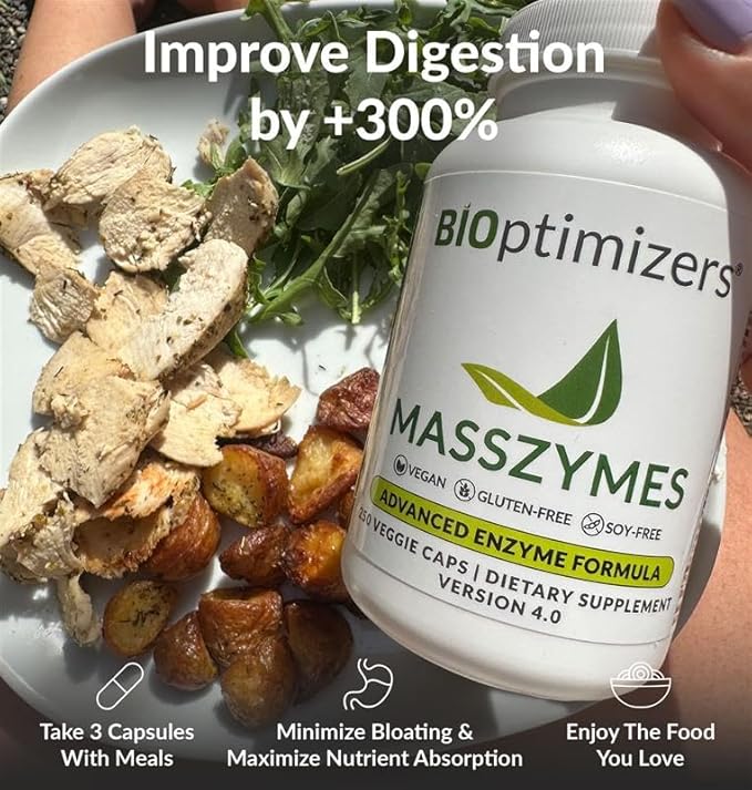 BIOptimizers MassZymes Digestive Enzymes - Probiotic Breakthrough Bundle – Gut Health &amp Bloating Relief – Prebiotic &amp Enzyme Support for Digestion Energy Health &amp Recovery – 180 Vegan Ca