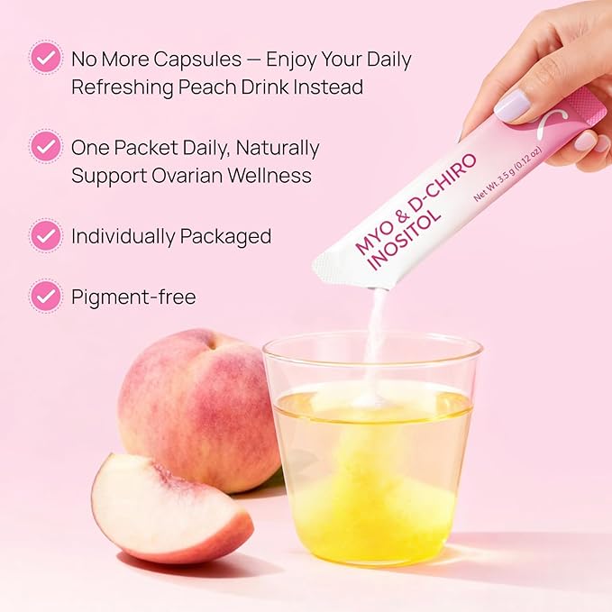 Gynable Pregina Myo-Inositol &amp D-Chiro Inositol Powder for Women - PCOS Fertility Support Hormonal Balance Regular Cycles | Patented Active Folic Acid Vegan Gluten-Free (30 Servings Peach)