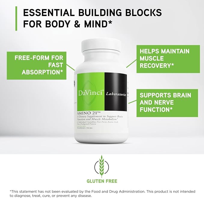 DAVINCI Labs Amino 21 - Supports Brain Function &amp Muscle Metabolism* - Amino Acid Dietary Supplement with L-Glutamine L-Lysine HCl Tyrosine L-Arginine and More - Gluten-Free - 90 Capsules 750