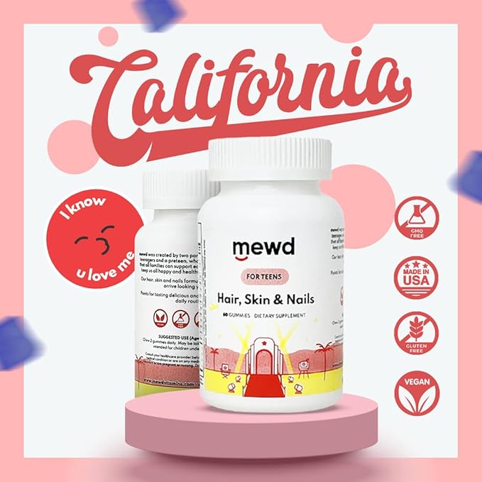 MEWD Teen and Kids Hair Skin &amp Nails Support Multivitamin Gummies - Biotin Strength &amp Growth with Zinc Vitamins A D3 B1 B2 B6 &amp B12 - Gluten-Free Non-GMO for Girls &amp Boys - 60 C