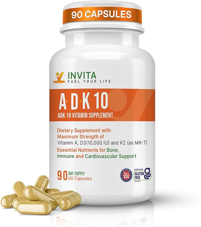 INVITA ADK 10 Vitamin Supplement – 90 Capsules – High Potency of Vitamin A D3 10000 IU &amp K2-MK7 – Physician Formulated ADK for Bone Heart &amp Immune Support – Non-GMO Gluten Free (3-Month S