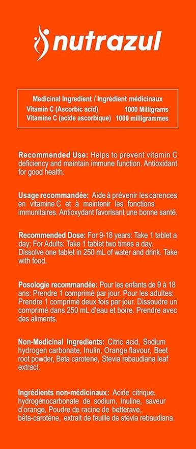 nutrazul Vitamin C 1000mg Effervescent Tablets VIT C Supplement to Help Maintain Immune Function Gluten-Free Lactose-Free Sugar-Free Preservative-Free Orange Flavor 20 Count Pack of 3