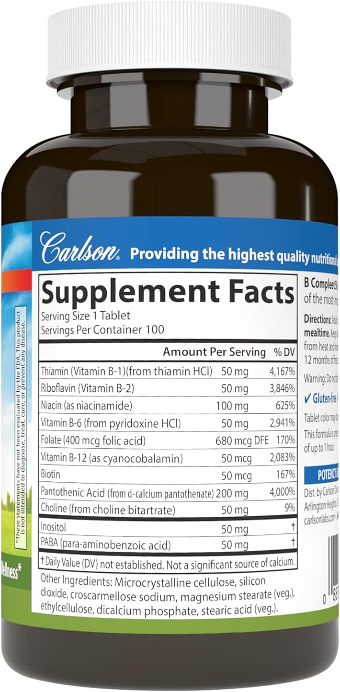 Carlson - B Compleet 50 Balanced Vitamin B Complex Energy Production Cellular Support &amp Optimal Wellness 100 Tablets