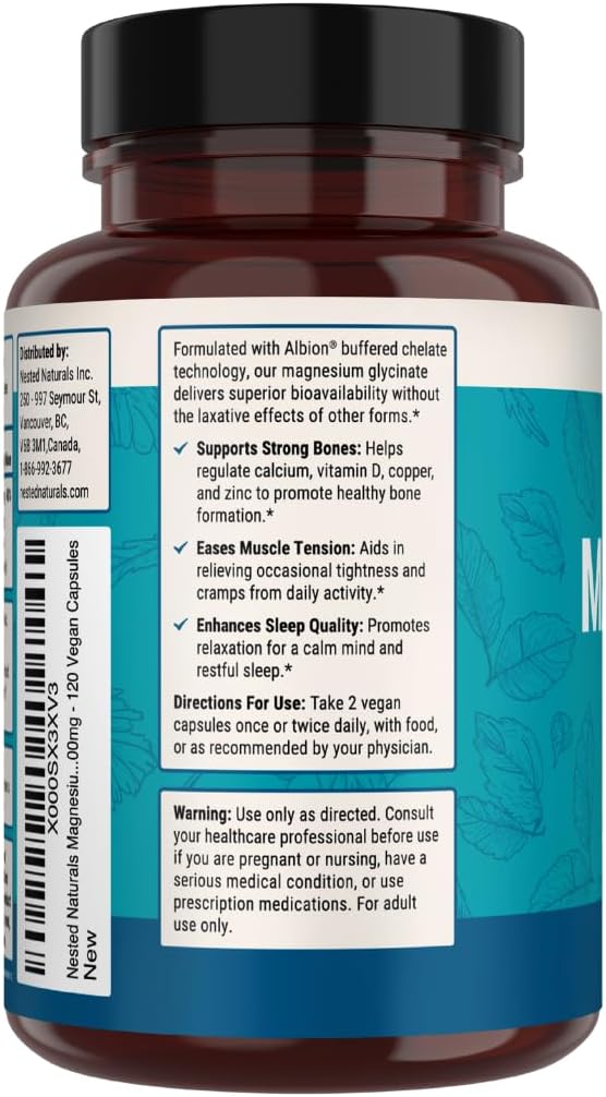 Nested Naturals Magnesium Glycinate Chelate - 200mg Chelated Magnesium Supplement for Muscle Cramps Relaxation &amp Sleep Support - 100% Albion TRACCS Buffered Magnesium Glycinate - 120 Vegan Capsu