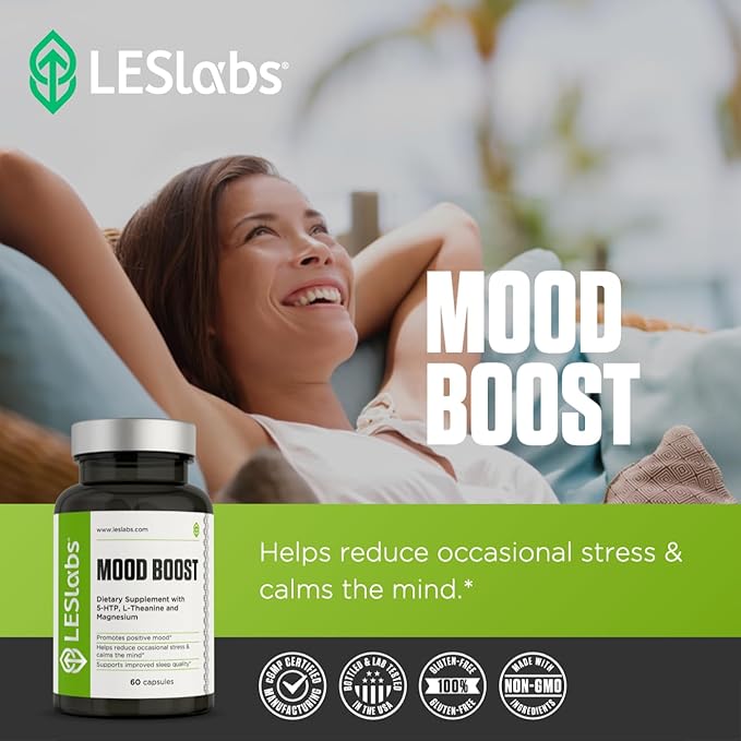 LES Labs Mood Boost – Stress Relief Mood Support Deep Relaxation &amp Better Sleep – 5-HTP Ashwagandha Rhodiola Rosea Magnesium L-Theanine &amp GABA – Non-GMO Supplement – 60 Capsules