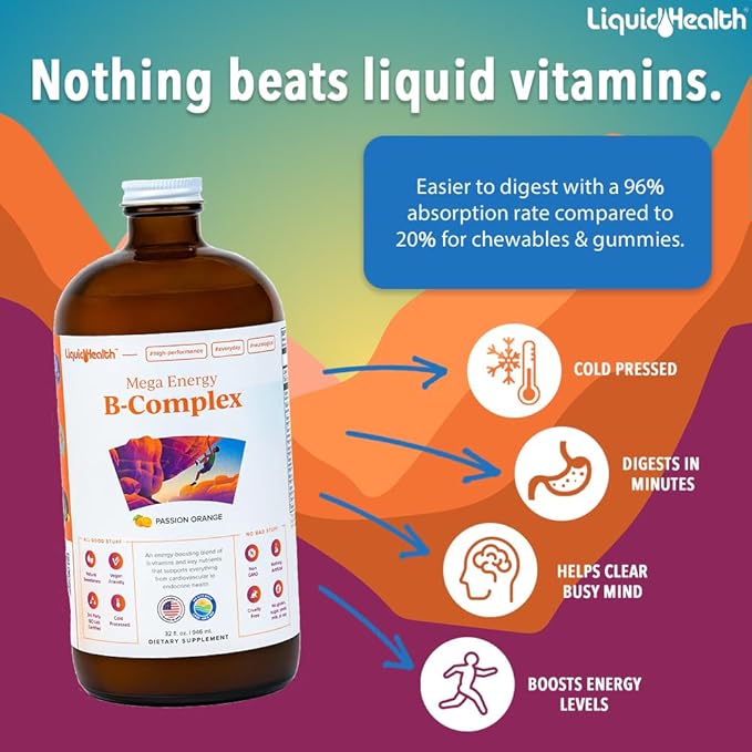 LIQUIDHEALTH Mega Energy Methylated B-Complex Adult Liquid Vitamin Supplement - Increase Energy Relieve Stress &amp Fatigue Immune Support Heart &amp Gut Health - Made in USA Vegan Sugar-Free