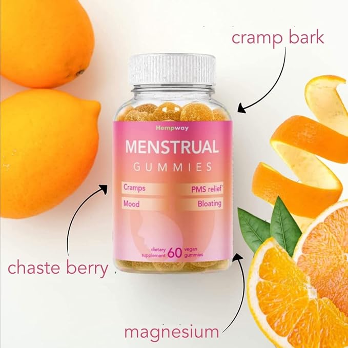Menstrual Gummies for Women May Help Support Bloating Period Relief | Plant-Based | Cramp Bark Magnesium Chaste Berry | Vegan | Orange 60ct