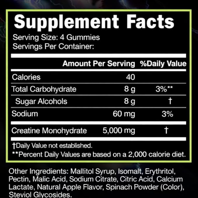 Sugar Free Creatine Monohydrate Gummies – 5g Creatine Per Serving Sour Green Apple Flavor Vegan Low-Calorie No Artificial Colors Made in USA (120 Gummies)