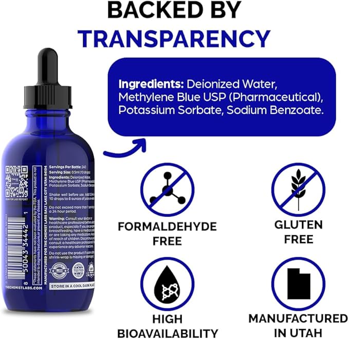 2% Pharmaceutical Grade Methylene Blue Liquid Solution - 99% Purity USP Grade Blue Methylene Cellular &amp Mitochondrial Support Third-Party Tested Made in USA 4oz