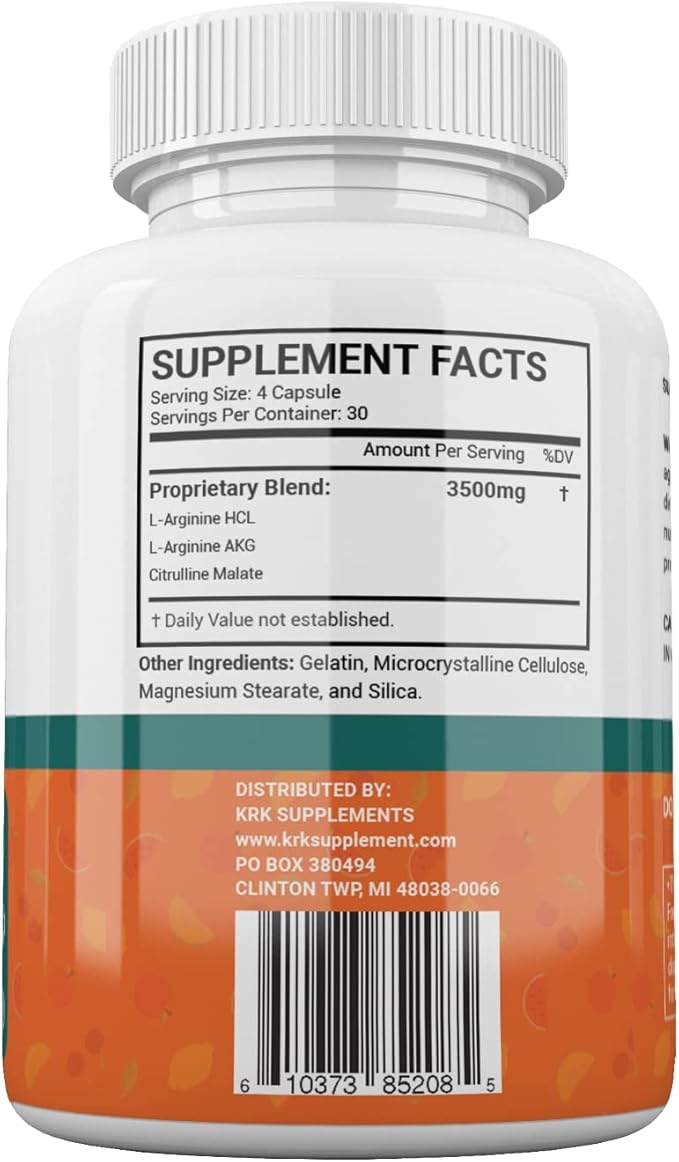 KRK SUPPLEMENTS 1 Bottle Nitric Oxide Complex 3500mg Per Serving L-Arginine HCL AAKG AKG Alpha Ketoglutarate Citrulline Malate 120 Capsules