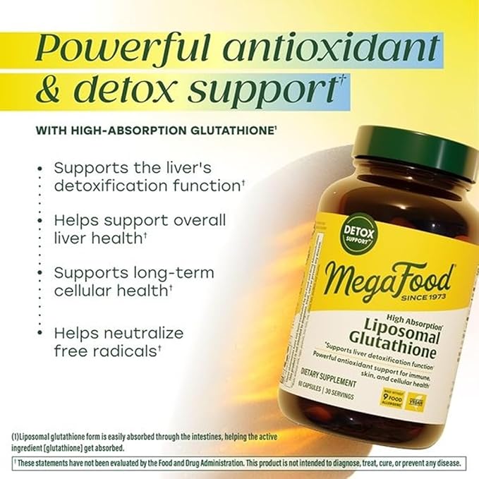 MegaFood High Absorption Liposomal Glutathione Supplement - Liver Detox &amp Powerful Antioxidant Support for Immune Skin Brain and Cellular Health - Gluten Free Vegan - 60 Capsules 30 Servings