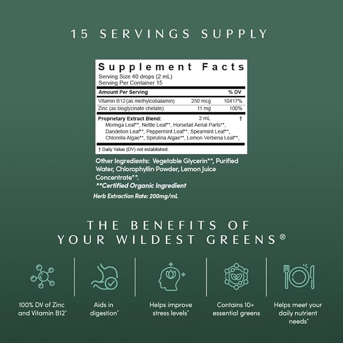 Apothékary Your Wildest Greens Herbal Liquid Drops All-in-One Daily Superfood Supplement Vitamin &amp Mineral Support 5X Potency of Greens Powders Sugar Free Calorie Free (15 Servings) 1.22oz