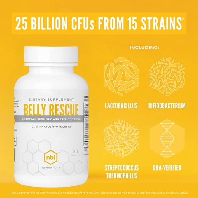 NBI Belly Rescue: Probiotics &amp Prebiotics Blend for Women &amp Men Once Daily for Digestive Skin and Immune Health Shelf Stable