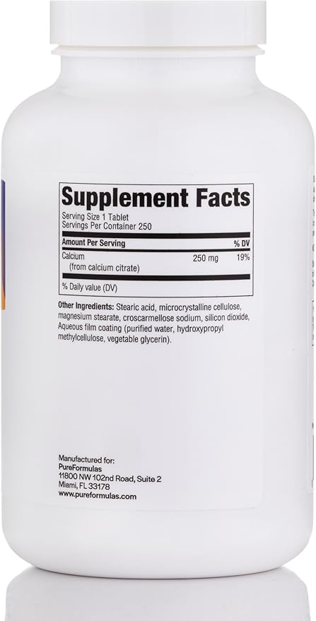 PureFormulas Calcium Citrate 250 mg | Boosts Bone &amp Dental Health | Non-GMO | Calcium Supplement for Women &amp Men | Without Vitamin D - 250 Tablets