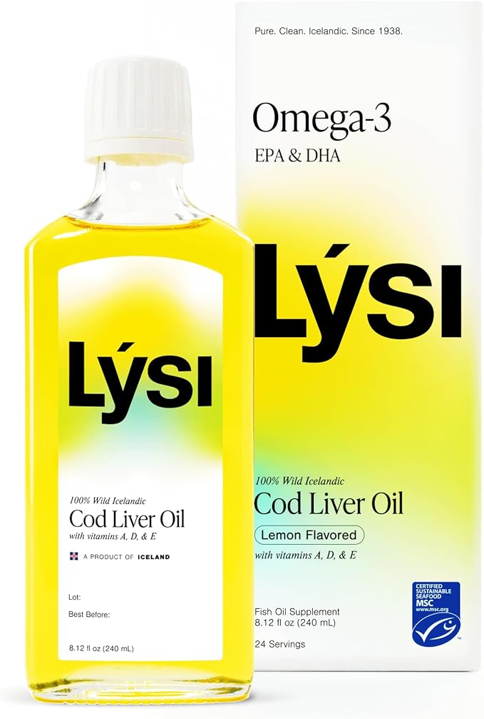 LYSI Icelandic Cod Liver Oil Liquid Supplement – 1100 mg Omega-3 per Teaspoon – EPA 740 mg &amp DHA 920 mg per 2 TSP – with Vitamins A D &amp E – Lemon Flavor 8.12 fl oz (24 Servings)