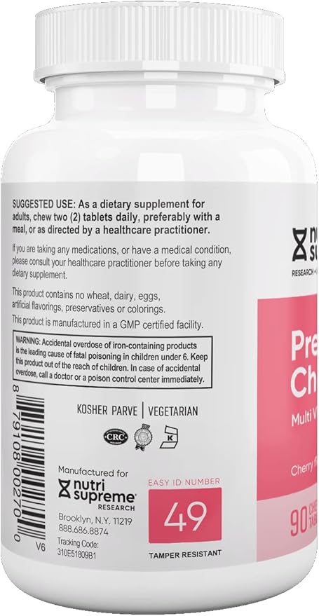 Nutri Supreme Prenatal Vitamin Chewable Prenatal Vitamins for Women with 800 MCG of Folate Complete Pregnancy Multivitamin with Iron Kosher Cherry Flavor 90 Count