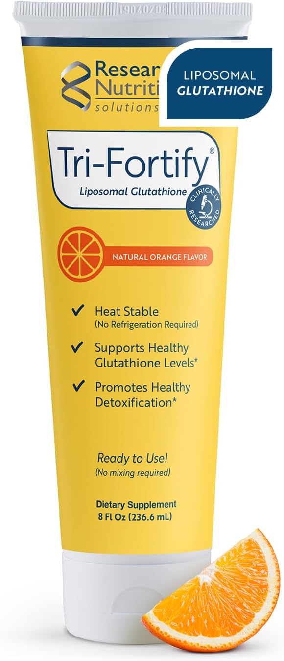 Researched Nutritonals Tri-Fortify Liposomal Glutathione Supplement Liquid Gel - Clinically Researched Detox &amp Immune System Support Antioxidant - Superior Absorption - Natural Orange 8 Fl Oz