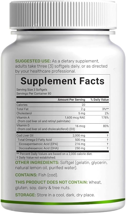 Wild Caught Cod Liver Oil 2000mg Per Serving 240 Softgels – Extra Strength EPA DHA Omega 3 with Vitamin D &amp A – Burpless Lemon Flavored – Vision Heart Brain &amp Immune Support