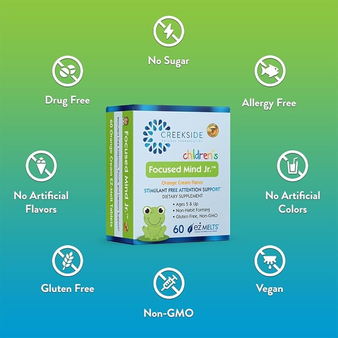 Focused Mind Jr. Cognitive Support for Children Pediatrician Formulated Stimulant-Free Supplement with Inositol DMAE Sugar-Free Vegan 60 EZ Melt Tablets