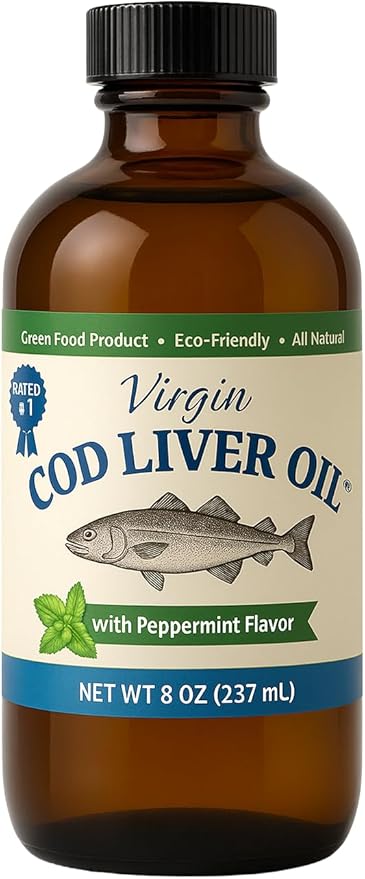 Virgin Cod Liver Oil - 8 Fl oz Natural Wild Caught &amp Fresh Tasting.High in Vitamin D Omega 3 DHA/EPA (Peppermint Flavored)