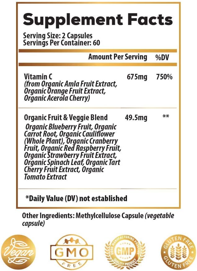 Whole Food Vitamin C Supplement 675mg – Plant Based Vitamin C Complex from Organic Oranges Acerola Cherry &amp Natural Fruit Cofactors – Immune &amp Antioxidant Support – Vegan Non-GMO – 120 capsu