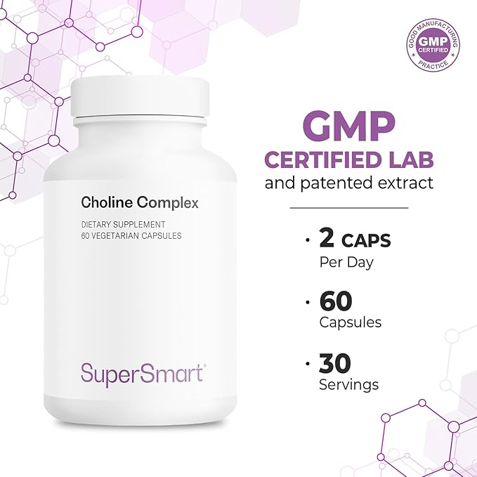 Supersmart - Choline Complex (Patented &amp High Strength) - with Choline Bitartrate GPC Choline &amp CDP Choline - High Potency Choline Supplements | Non-GMO &amp Gluten Free - 60 Vegetarian Caps