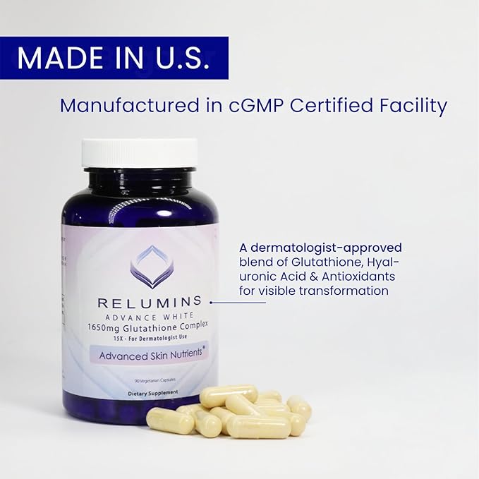 Relumins L-Glutathione Complex 1650mg - Spring Glow Essentials Antioxidant Support with Alpha Lipoic Acid NAC L-Methionine &amp Vitamin E for Skin Made in USA - 90 Vegetarian Capsules x 3 Bottles