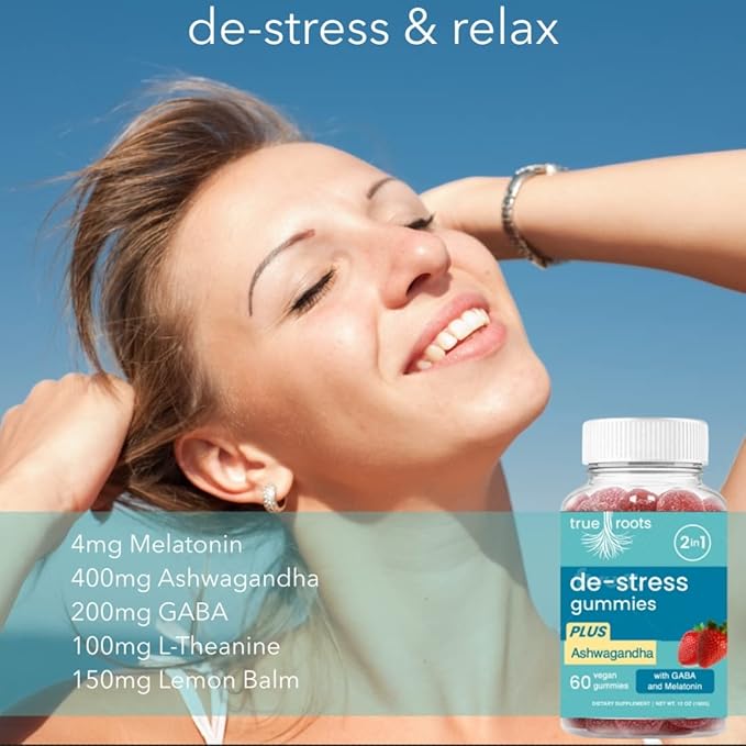Stress Gummies Same Day Stress Relief | Destress and Calm | Ashwagandha GABA Melatonin l-Theanine Lemon Balm | Sugar Free Vegan 60 ct