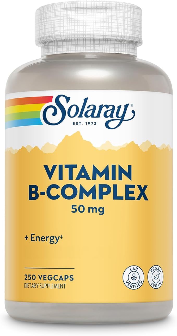 SOLARAY Vitamin B Complex 50 mg - Cellular Energy Vitamins - Metabolism and Nerve Health Support with Vitamin B12 Vitamin B1 B6 Niacin Folic Acid Biotin and Other B Vitamins - Vegan 250 VegCaps
