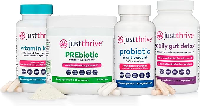 Just Thrive Core Health Complete Bundle – Probiotic PREbiotic Powder Daily Gut Detox and Vitamin K2-7– Advanced Digestive Detox and Circulatory Support for Complete Body Wellness