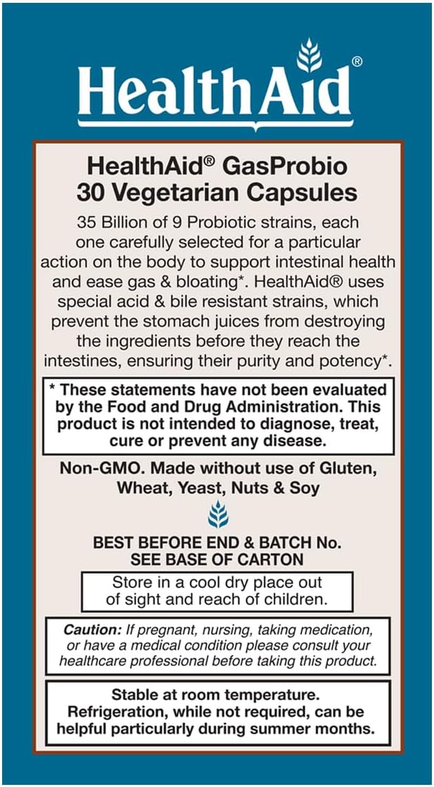 HealthAid GasProbio Digestive Support Probiotic 35 Billion CFU 9 Strains + Prebiotic Helps Support Digestive Comfort &amp Reduce Occasional Bloating – Acid &amp Bile Resistant Vegetarian 30 Capsul
