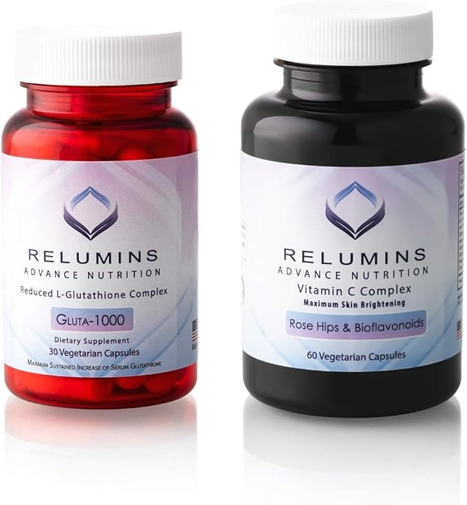 Relumins L-Glutathione &amp Vitamin C Supplement Bundle – 1000mg Reduced Glutathione Complex with Alpha Lipoic Acid &amp Rose HIPS (30 Capsules) + MAX Vitamin C 1000mg (60 Capsules)