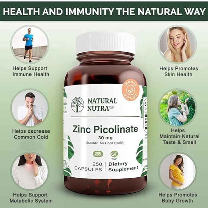 Natural Nutra Zinc Picolinate 30 mg Double Strength Raw and Pure Highly Bioavailable Supplement for Growth and Immune Support Helps Support Metabolic System Decrease Common Cold 250 Capsule