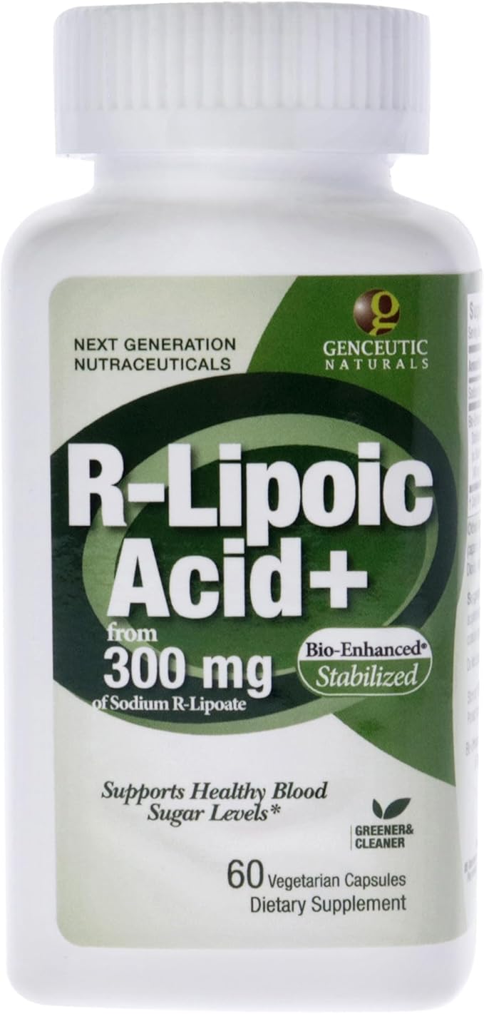 Genceutic Naturals R-Lipoic Acid Dietary Supplement | Vegetarian | Vegan | Gluten Free | Non GMO | 300mg (60 Capsules) | Single Count