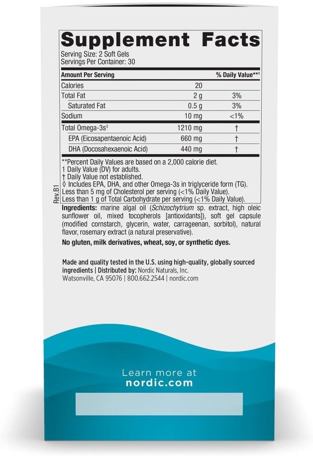 Nordic Naturals Plant Based Ultimate Omega Lemon Flavor - 60 Vegetarian Soft Gels - 1210 mg Omega-3 - Vegan EPA and DHA - Supplement Made from Algae - Brain &amp Heart Support - Non-GMO - 30 Serving