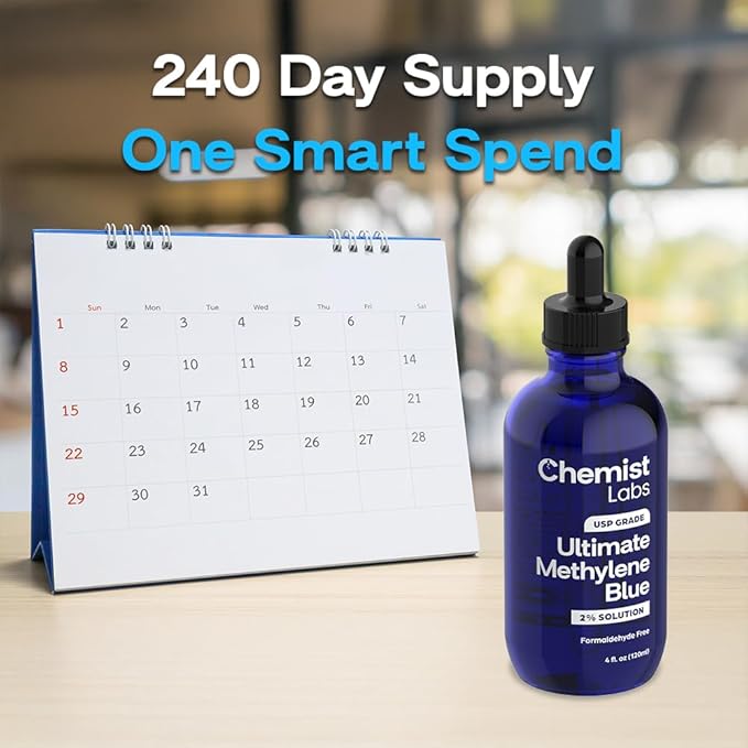 2% Pharmaceutical Grade Methylene Blue Liquid Solution - 99% Purity USP Grade Blue Methylene Cellular &amp Mitochondrial Support Third-Party Tested Made in USA 4oz