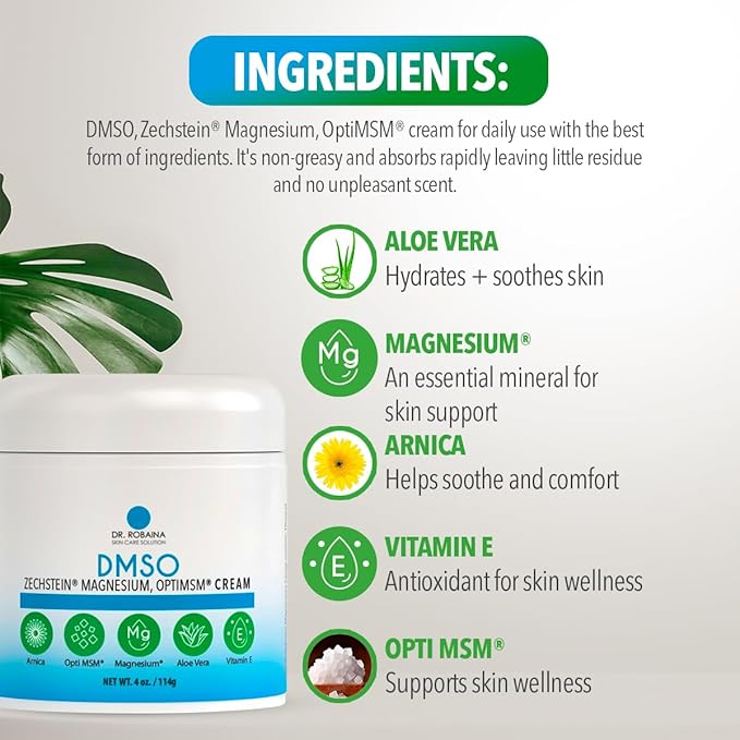 Dr. Robaina DMSO Cream – 99.9% Pure Dimethyl Sulfoxide | Formula with Zechstein Magnesium Arnica Aloe Vera &amp Vitamin E | Topical Cream for Body Wellness