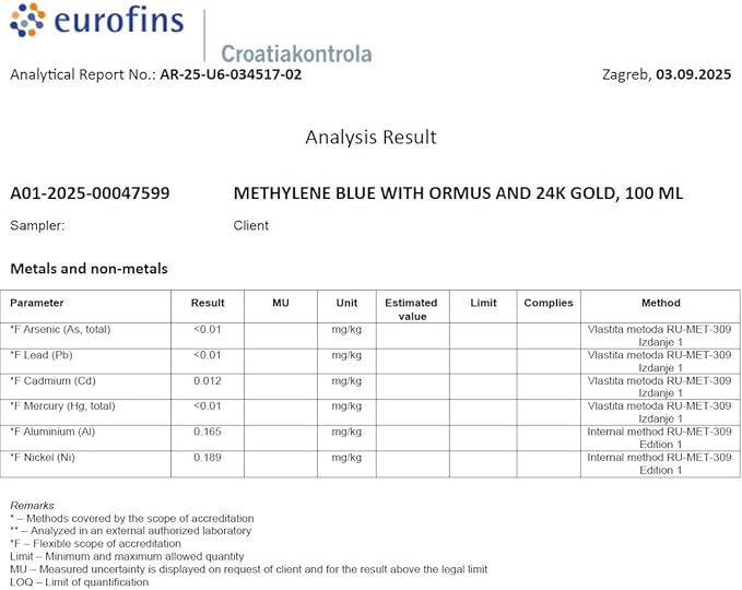 Methylene Blue &amp Ormus &amp Gold 3.4 Fl Oz - 100 ml | Ultra High Purity | with 10 ppm Colloidal Gold 24K | Glass Bottle | Third-Party Tested | Heiltropfen®
