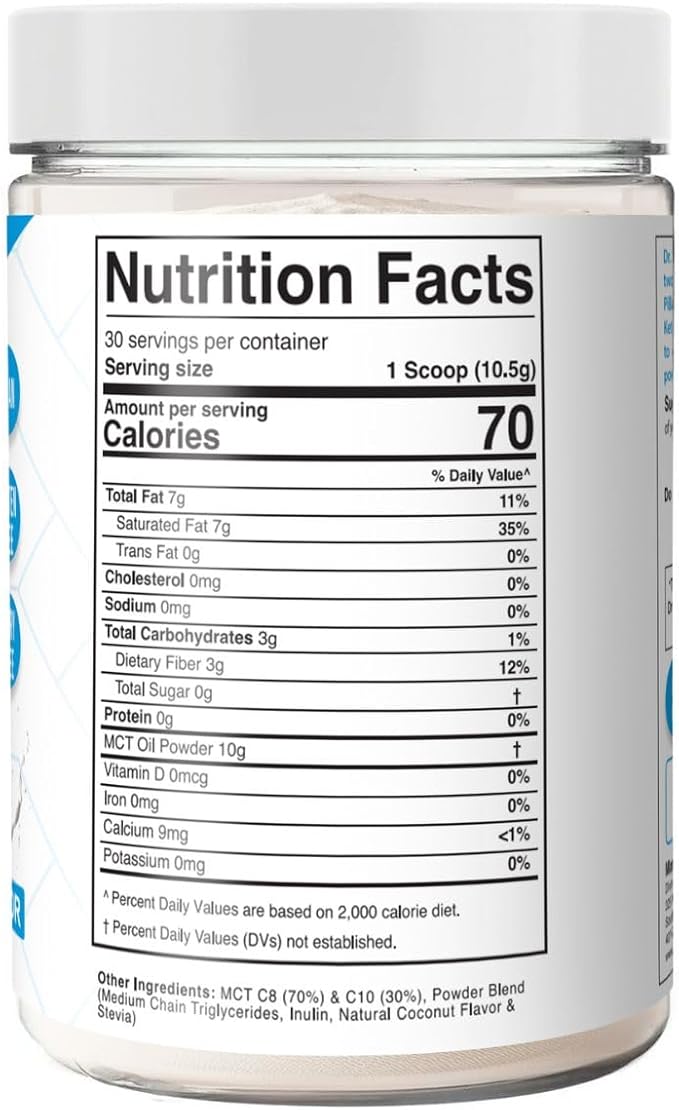 Dr. Colbert MD MCT Oil Powder | Coconut Cream Flavor | by Divine Health | Keto Zone | 75/C8 25/C10 | 0 Net Carbs | 30 Day Supply | 315g