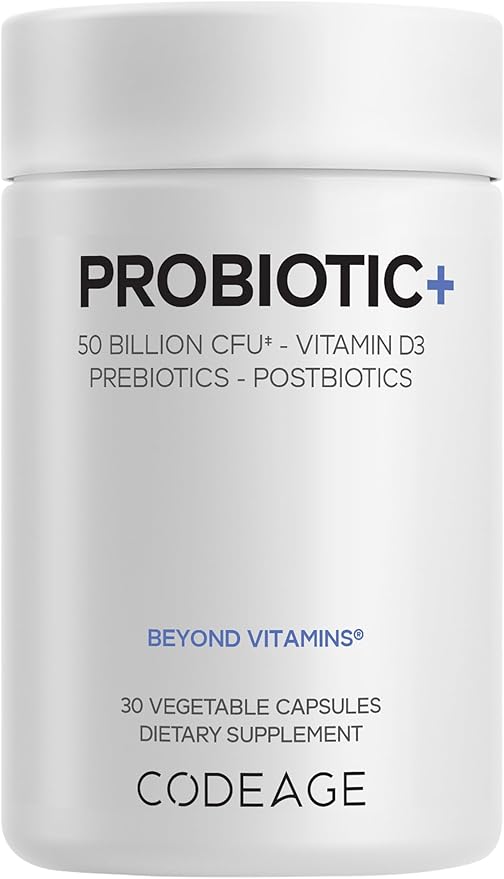 Codeage Probiotic+ 50 Billion CFU** Supplement - 12-Strain Probiotic Blend Organic Prebiotic Fiber Postbiotics Vitamin D3 Zinc Bisglycinate Quercetin - for Men &amp Women - Non-GMO - 30 Capsules