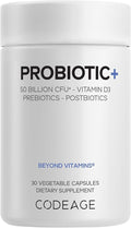 Codeage Probiotic+ 50 Billion CFU** Supplement - 12-Strain Probiotic Blend Organic Prebiotic Fiber Postbiotics Vitamin D3 Zinc Bisglycinate Quercetin - for Men &amp Women - Non-GMO - 30 Capsules