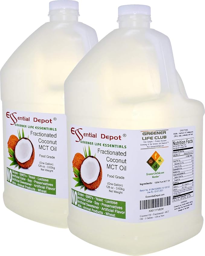Coconut Oil - Fractionated - MCT (medium-chain triglycerides) - 2 x 1-Gallon (256 oz) - liquid - Food Grade - Safety Sealed Resealable HDPE Container Microwave Safe (remove foil seal) Freezer Safe