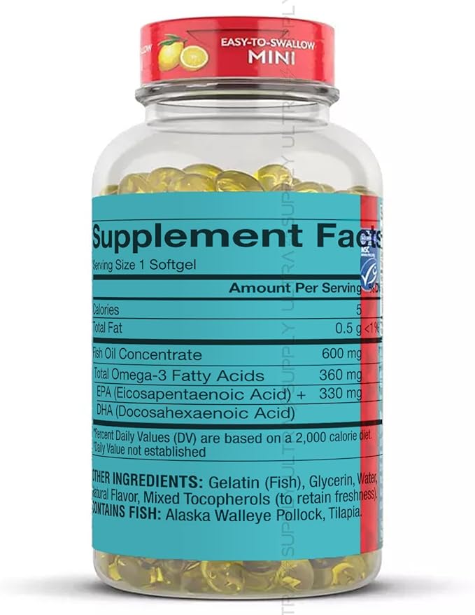 Members Mark Omega-3 Mini Softgels (300 Count.) 360mg – Easy-to-Swallow Fish Oil with DHA &amp EPA – Heart &amp Brain Support – No Fishy Aftertaste