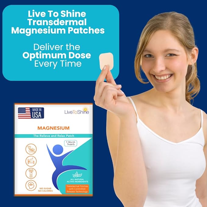 Magnesium Patches for Men and Women - Sleep Support &amp Relaxation Muscle Recovery Nerve Function - USA Made - 30 Premium Fast-Acting Slow-Release Patches - Live To Shine