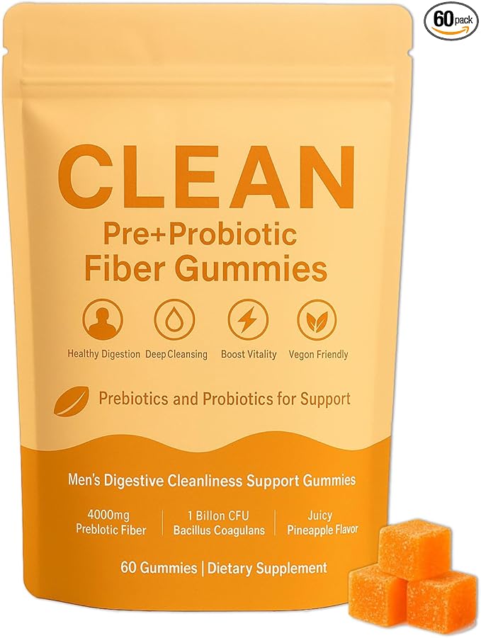 Clean Prebiotic Fiber Gummy Pre+Probiotic Fiber Gummies for Men Sugar-Free Prebiotic Supplement for Digestive Gut Health