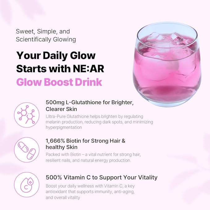 NE:AR Glow Boost Drink – 250mg Pure Glutathione + 500mg Vitamin C – Sugar-Free Beauty Powder for Skin Brightening &amp Hydration – Refreshing Flat Peach Flavor – Made in Korea