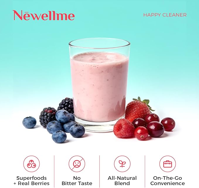 NEWELLME Happy Cleaner Digestive Supplement Powder Gut Health Drink Mix with Probiotics Digestive Enzymes &amp Fiber Supports Digestion and Bloating Berry Flavor 14 Sachets