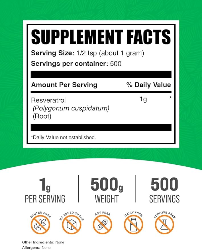 BulkSupplements.com Resveratrol Powder - Resveratrol Supplement from Polygonum Cuspidatum - Antioxidant Gluten Free 1g per Serving 500g (1.1 lbs) (Pack of 1)